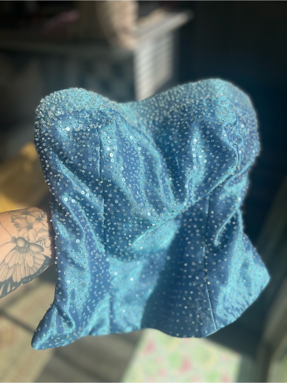 Dusty Blue Beaded Strapless Bustier Top